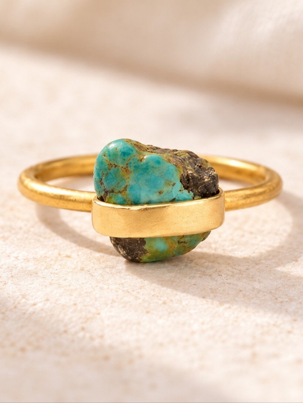 Raw Turquoise Stone Gold Tone Boho Ring Size 5